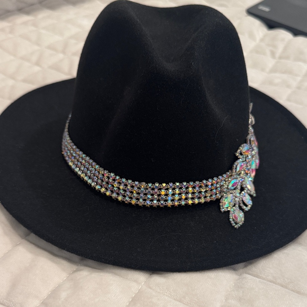 Custom Black Fedora with Rhinestone band Embellishments - Picture 4 of 5